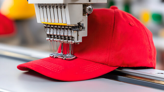 An automated embroidery machine is stitching a logo onto a red baseball cap.
