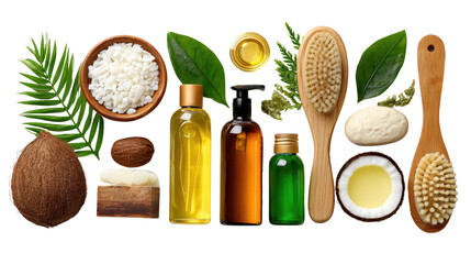 Spa and wellness products: A collection of spa and wellness essentials, including coconut, oil, soap, and brushes arranged in a visually appealing array that evokes relaxation and rejuvenation.