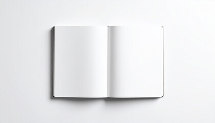 A top-down view of an open sketchbook on a pristine white surface with soft natural shadows, clean lighting, realistic texture of the paper