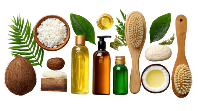 Spa and wellness products: A collection of spa and wellness essentials, including coconut, oil, soap, and brushes arranged in a visually appealing array that evokes relaxation and rejuvenation.