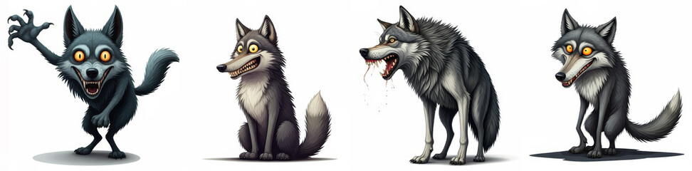 Fototapeta premium Four Wolf Cartoon Characters - A collection of four unique wolf cartoon illustrations, showcasing different expressions and postures: playful, mischievous, aggressive, and sly.