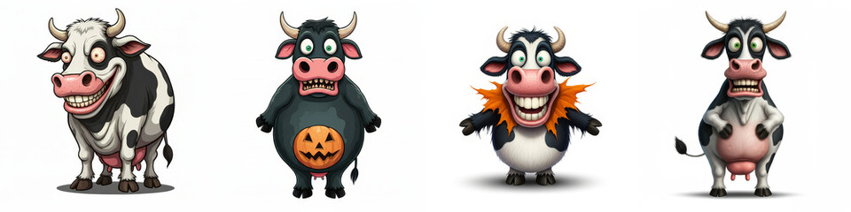 Fototapeta premium Funny Cow Characters Halloween Designs - Four unique cartoon cows, each with a distinct personality and Halloween costume. Symbolizing humor, festivity, creativity, imagination, and fun