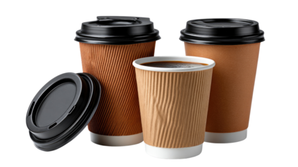 Coffee Cups Collection: A trio of coffee cups, each with a distinct design and texture, invite you to savor a moment of warmth and refreshment. The assortment features a variety of sizes and styles.