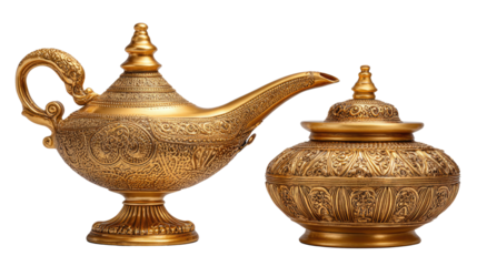 Golden Treasure: An ornate golden lamp and decorative container, exuding an aura of exotic mystique and timeless elegance. 