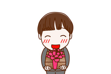 （上半身正面）お祝いの花束を笑顔で渡そうとする男子学生