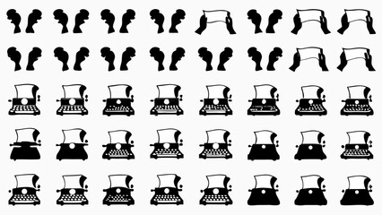 Silhouette pattern featuring heads in profile, hands holding paper, and vintage typewriters arranged in rows