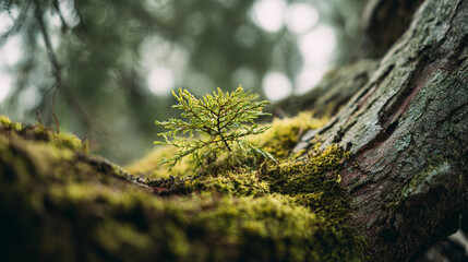Fototapeta premium A small tree growing on a mossy branch in a forest with a blurred background