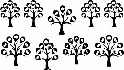 Obraz premium Illustration of several stylized trees with teardrop shaped leaves containing two small white circles silhouette