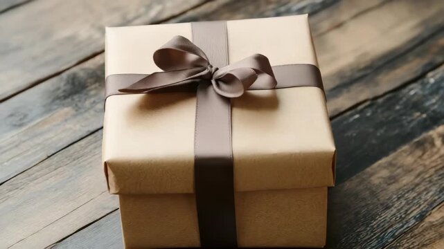 Brown gift box with ribbon on wooden surface