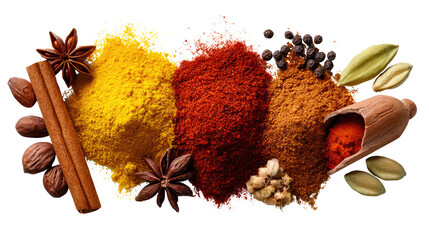 Spice Palette: A vibrant collection of aromatic spices, each in a different form. From cinnamon to star anise, it creates a rich array of colors and flavors in a culinary composition. 