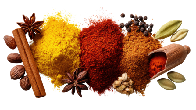 Spice Palette: A vibrant collection of aromatic spices, each in a different form. From cinnamon to star anise, it creates a rich array of colors and flavors in a culinary composition. 