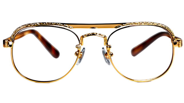 Golden Elegance: a pair of eyeglasses showcasing a sophisticated design with gold frame, seamlessly blended with rich brown accents.