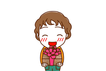 （上半身正面）お祝いの花束を笑顔で渡そうとする白人少年