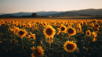 Obraz premium Sunflower field at sunset with mountains in the background landscape view