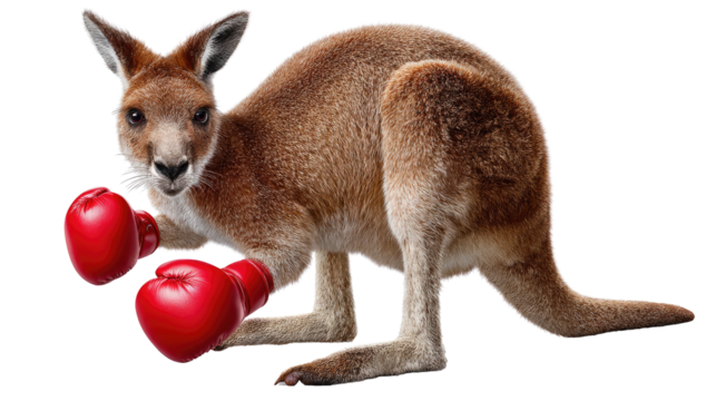 Kangaroo Boxer: A muscular kangaroo stands ready, wearing boxing gloves, epitomizing the fusion of nature and sport, symbolizing strength and athleticism.