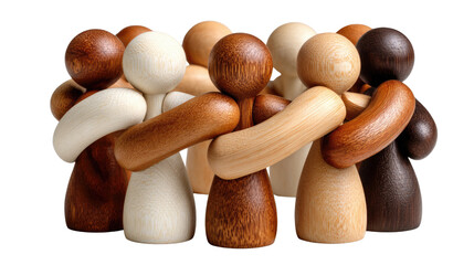 Harmony in Embrace: A collection of wooden figures stands united, their arms interlocked, creating a powerful visual of unity and support. Showcasing diversity in complexion.