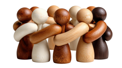 Harmony in Embrace: A collection of wooden figures stands united, their arms interlocked, creating a powerful visual of unity and support. Showcasing diversity in complexion.