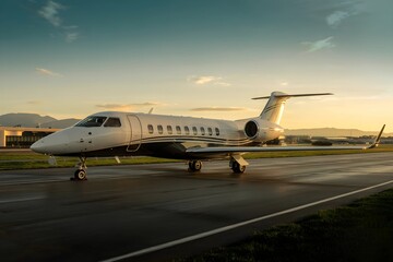 High-resolution photograph of a private jet parked on a pristine airport runway