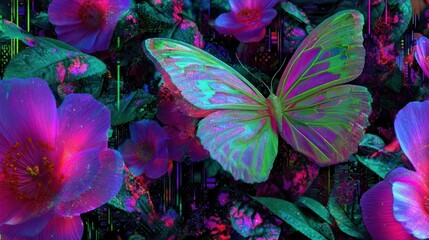 A vibrant close-up depicts a neon butterfly amidst radiant, stylized floral foliage