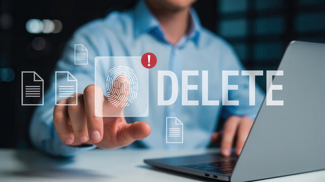 Businessman uses fingerprint scanner to delete sensitive digital files, ensuring data privacy and security in a modern office environment