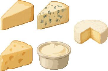 Artisanal cheese collection featuring cheddar, blue, Swiss, and wheel