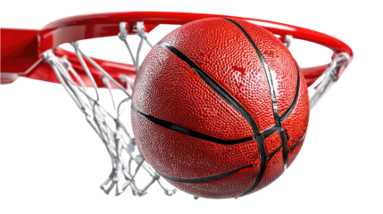 Slam Dunk Moment: An orange basketball suspended within a basketball hoop, perfectly capturing the culmination of skill and determination.