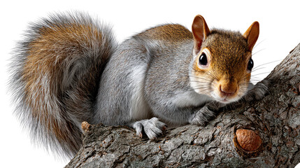 Fototapeta premium Curious Squirrel on Branch: A charming squirrel, with a bushy tail, perches confidently on a sturdy tree branch, its gaze capturing the viewer's attention