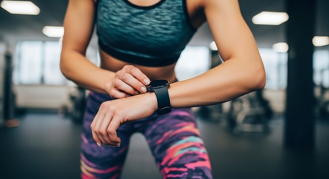 A sporty woman in athletic attire checks her fitness progress on a smartwatch at the gym.