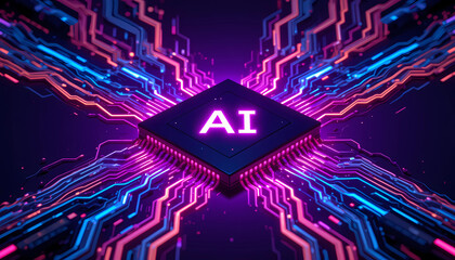 Artificial intelligence chip with glowing ai text and vibrant neon colored circuit board design