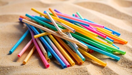 Plastic straws pollution beach scene