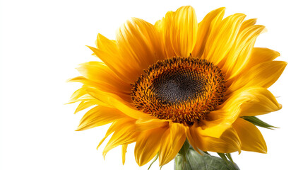 Fototapeta premium Close up of a vibrant yellow sunflower with a dark center on a white background