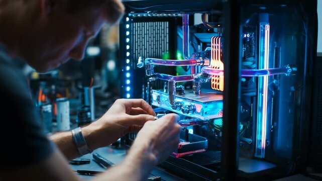 Person assembling a custom computer with colorful LED lighting in a tech workshop during the day