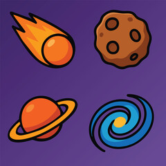 Space object illustration set: meteor, asteroid, ringed planet, spiral galaxy