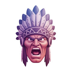 Furious Native American warrior chief head shouting wearing a purple feathered headdress.