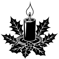 Black and white candle with holly leaves, isolated on white background