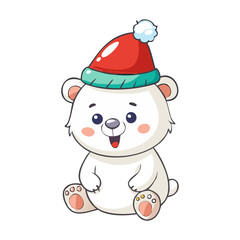 Cute polar bear wearing a santa hat sitting down isolated on white background