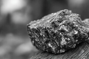 Fototapeta premium Close-up grayscale shot of a rough, textured rock resting on a wooden surface. Soft, out-of-focus background