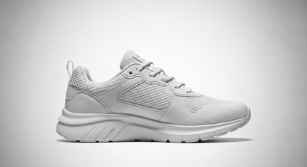 Minimalist white running shoe isolated on a grey background. Side view of a modern athletic sneaker, a concept of clean design, fitness, and active lifestyle.