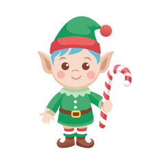 Cute cartoon christmas elf holding a candy cane isolated on white background