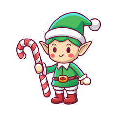 Cartoon christmas elf holding a candy cane isolated on white background