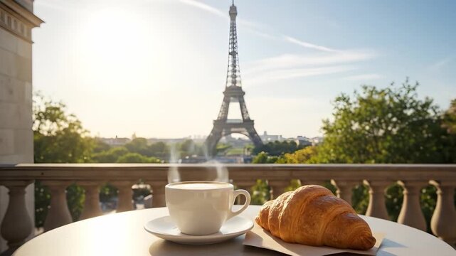 Breakfast croissant and coffee with Eiffel Tower in the background for elegant travel and food ad