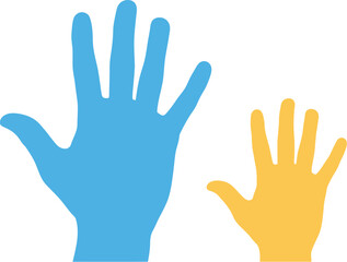Obraz premium Illustration of two hands one blue and one yellow on a white background