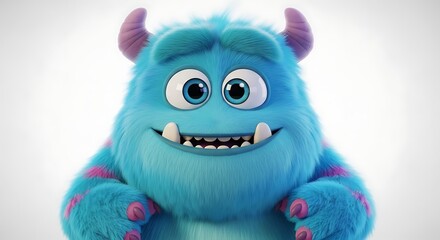 Adorable Blue Furry Monster Character Smiling with Horns and Big Eyes Animated and Cuddly on White Background