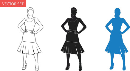 Three vector silhouettes of woman in dress with hands on her waist