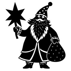 Isolated on white background, santa claus holding a star and a bag of gifts