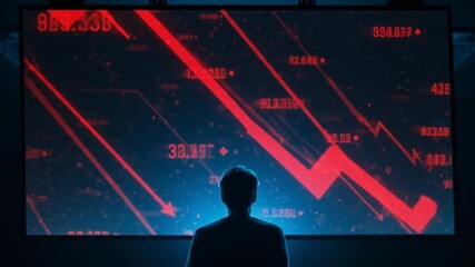 Business professional analyzing stock market trends on a large screen with red decline indicators - Powered by Adobe