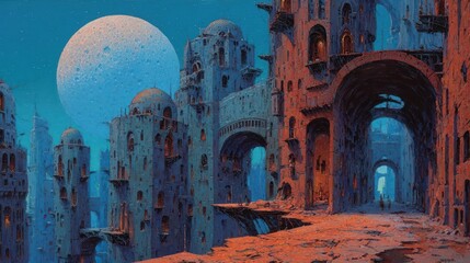 A twilight cityscape of crumbling, reddish-brown stone buildings under a large, pale blue moon.  The scene is mysterious and evocative of a forgotten civilization