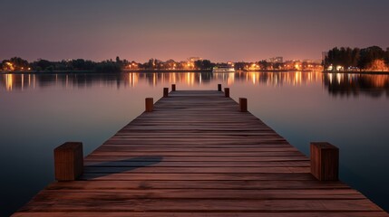Obraz premium Wooden Pier Over Calm Lake with City Lights Reflecting Under Evening Sky