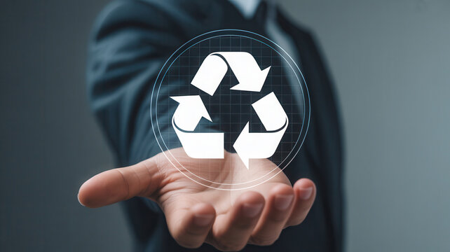 Professional hand presenting the universal recycling symbol on a digital interface, signifying environmental responsibility and sustainability initiatives