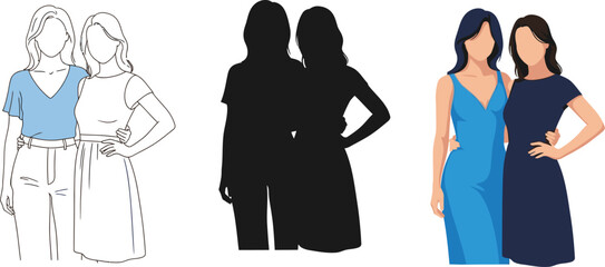 Illustration of two women standing together in different styles